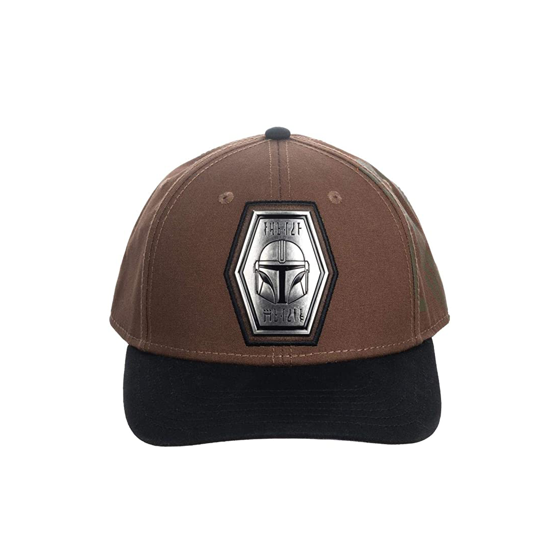 Brown and black Star Wars Mandalorian Grogu Pre-Curved Snapback Hat cap on a white background