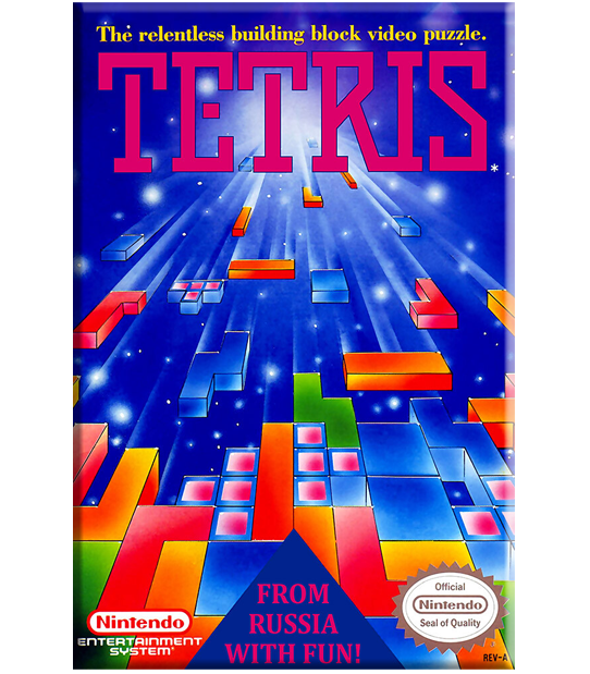 Nintendo Entertainment System game case cover for Tetris, featuring the classic blue starry background with colorful block puzzle pieces and large pink TETRIS title text.