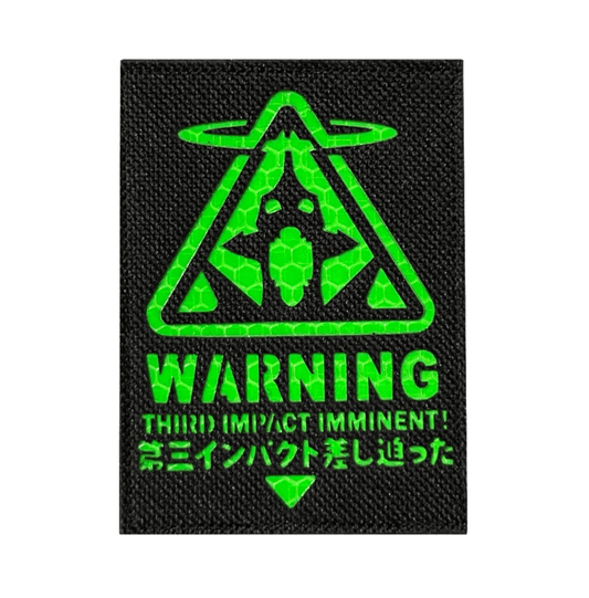 Black patch with green Evangelion Third Impact Reflective Hook & Loop Patch warning symbol and text on a white background