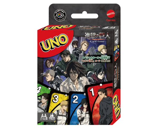 Attack On Titan UNO card game packaging with character illustrations on a white background