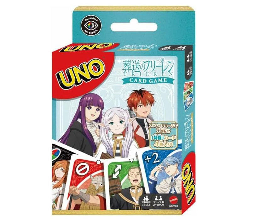 UNO card game packaging with FRIEREN anime characters on a white background