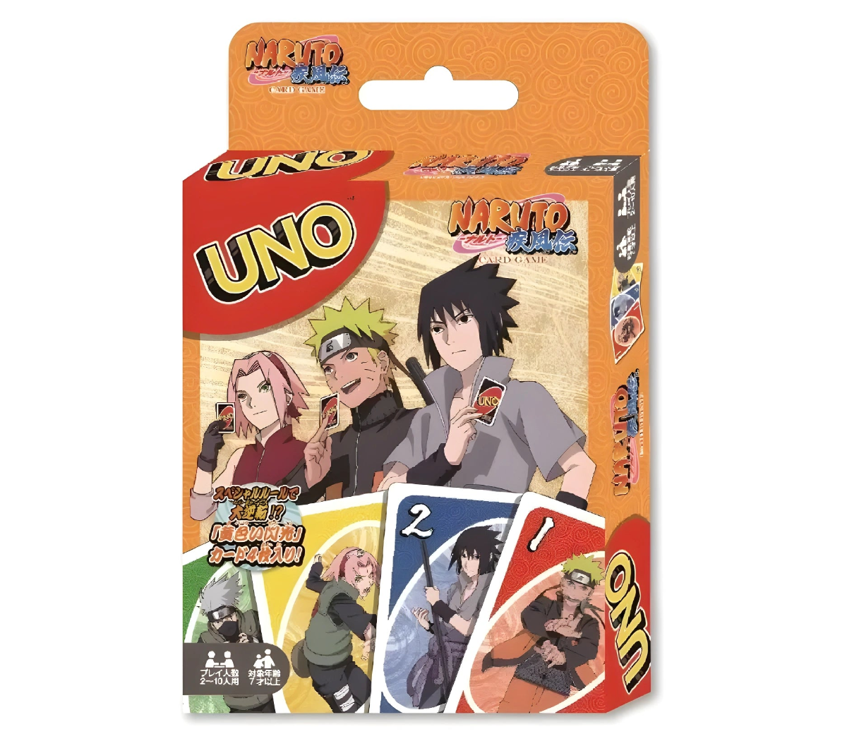 UNO card game packaging featuring Naruto characters on an orange background