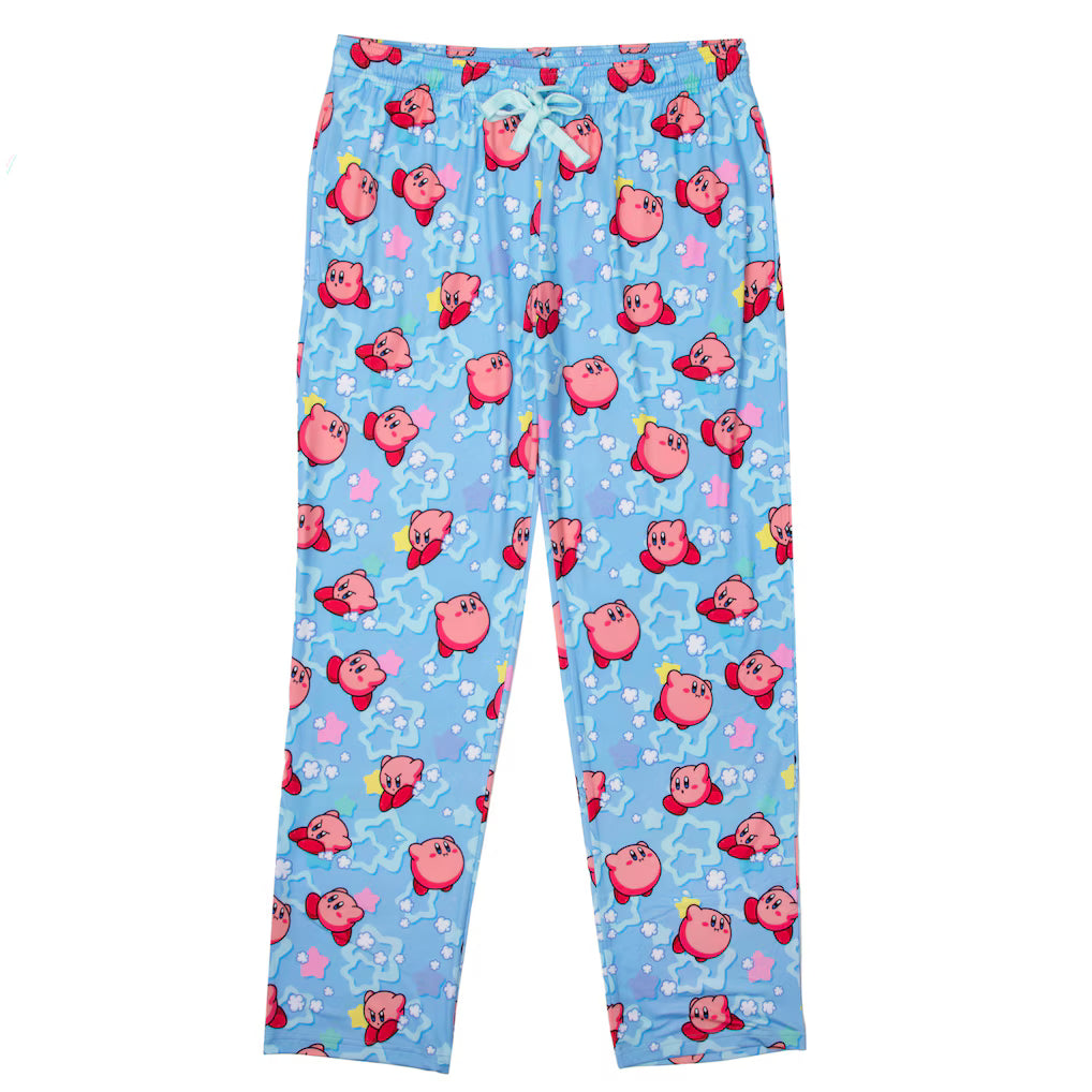 Light blue kirby pajama pants with pink cartoon character pattern on a white background