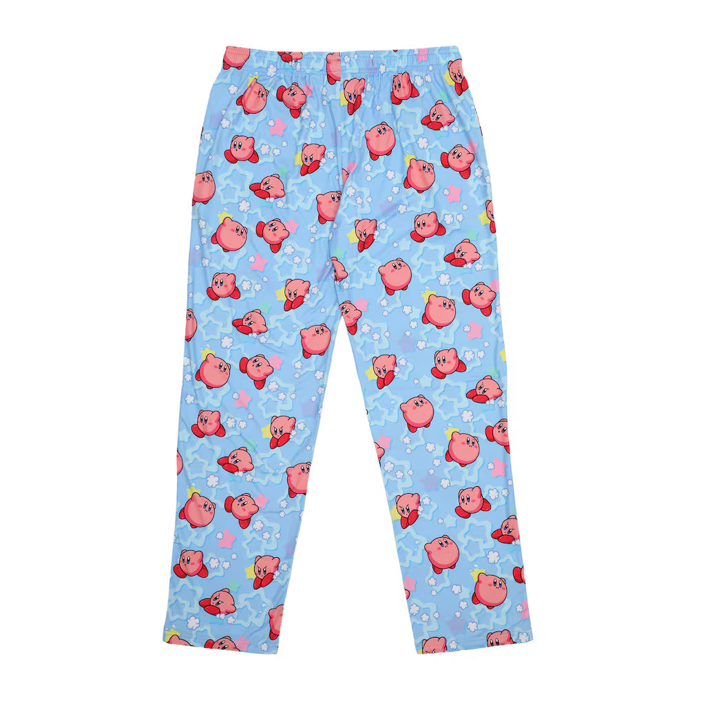 Pajama pants with kirby cartoon character pattern on a blue background