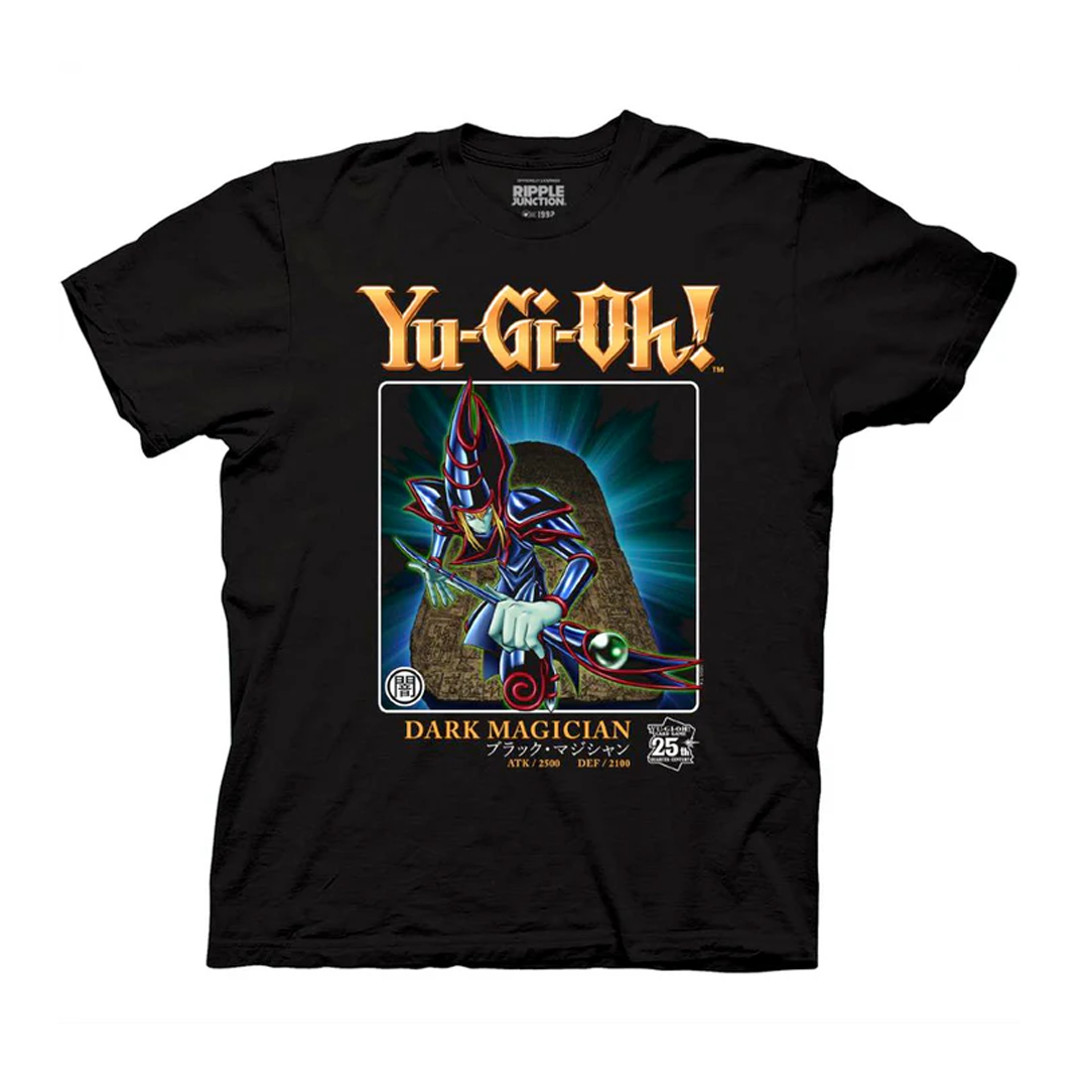 Black t-shirt with Yu-Gi-Oh! graphic featuring a dark magician character on a white background