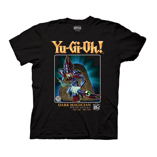 Black t-shirt with Yu-Gi-Oh! graphic featuring a dark magician character on a white background