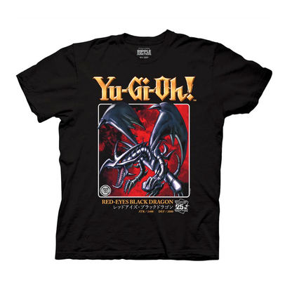 Black t-shirt with Yu-Gi-Oh! Red-Eyes Black Dragon graphic on a white background