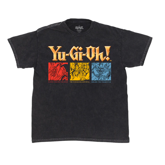Yu-Gi-Oh! Egyptian God Monsters T-Shirt Mineral Wash Black t-shirt with Yu-Gi-Oh! logo and artwork on a white background