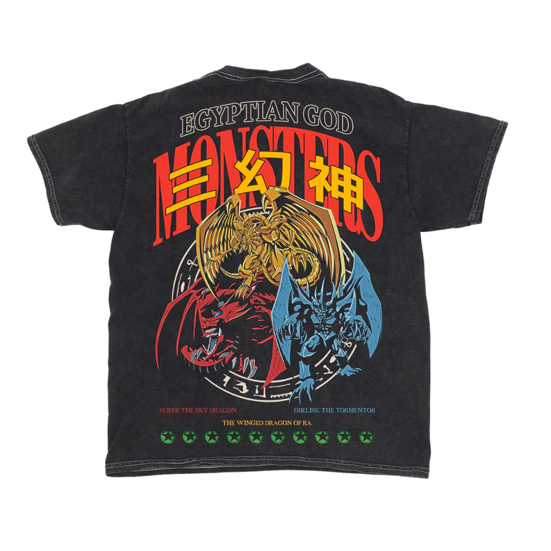 Yu-Gi-Oh! Egyptian God Monsters T-Shirt Mineral Wash Black t-shirt with Yu-Gi-Oh! logo and artwork on a white background