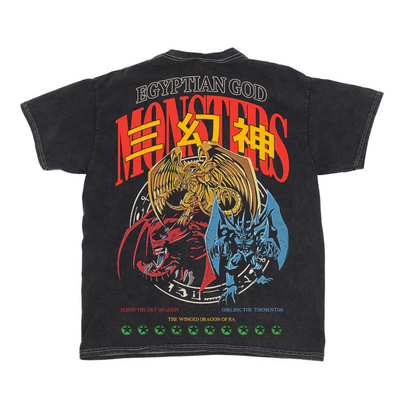 Yu-Gi-Oh! Egyptian God Monsters T-Shirt Mineral Wash Black t-shirt with Yu-Gi-Oh! logo and artwork on a white background
